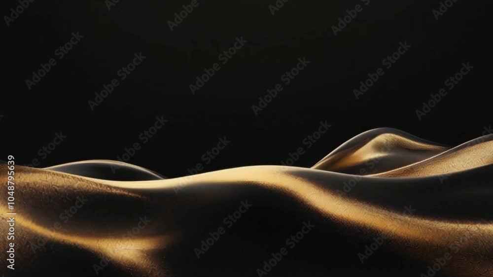 Poster abstract composition with smooth wavy lines of golden color on a dark background.