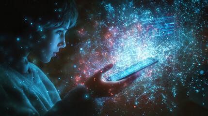 Fototapeta premium Seamless Tech Integration: Holographic Data Streams Surrounding a User with a Tablet for an Immersive Digital Experience
