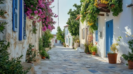 Naklejka premium Charming alleyway with colorful flowers and buildings in a picturesque mediterranean town