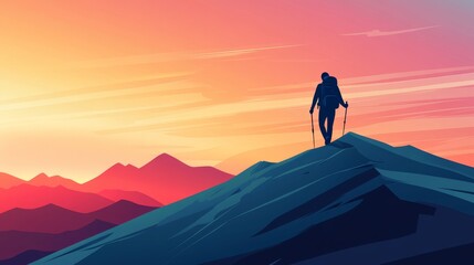 Illustrated hiker on mountain peak at sunrise