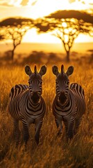 Obraz premium Two zebras stand in a grassy field at sunset, looking directly at the camera.