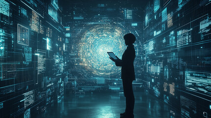 Fototapeta premium Seamless Tech Integration: Holographic Data Streams Surrounding a User with a Tablet for an Immersive Digital Experience