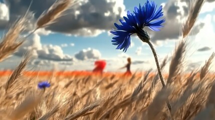 Obraz premium A close-up shot of a blue cornflower, with its intricate petal details in focus, set against a blurred backdrop of a meadow and a sky filled with white fluffy clouds.