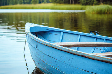 Naklejka premium Blue boat with oar near the lake.
