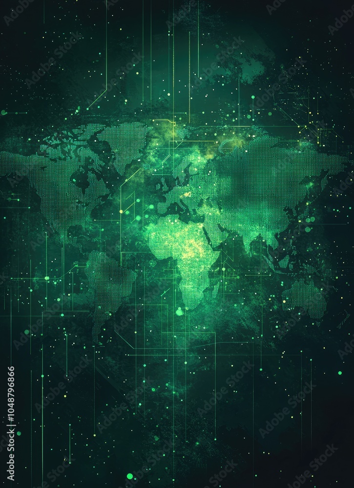 Poster a stylized world map with green lines and glowing dots.