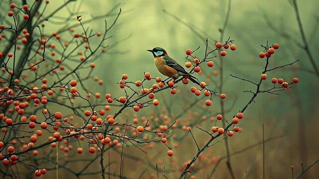 Small bird perched on a berry-covered branch, surrounded by a soft, misty background.