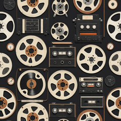 Seamless background with vintage tape reels. 