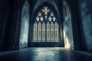 Obraz premium Majestic gothic cathedral interior with stained glass windows and ornate architecture
