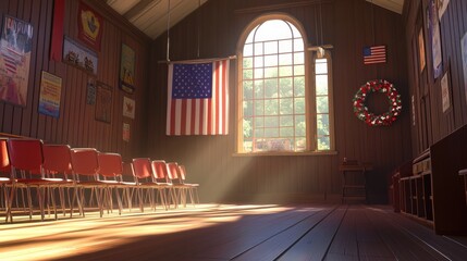 Empty Town Hall with American Flag, Red and White Chairs, Sunlit Scene, 3D Rendering
