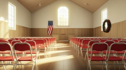 Empty Town Hall with American Flag, Red and White Chairs, Sunlit Scene, 3D Rendering