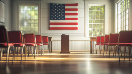 Empty Town Hall with American Flag, Red and White Chairs, Sunlit Scene, 3D Rendering