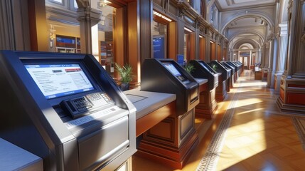 Obraz premium Modern Bank Hallway with New and Retro ATMs, Cinematic Depth of Field 3D Rendering
