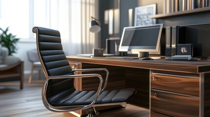 Fototapeta premium Modern Office Workspace with Black Leather Chair