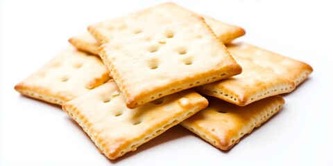 Fototapeta premium A stack of crispy, golden-brown crackers arranged on a plain white background, highlighting their texture and simplicity, ideal for snacking.