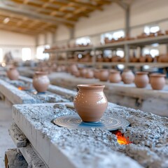 Crafting pottery in a traditional workshop with glowing kilns in the background
