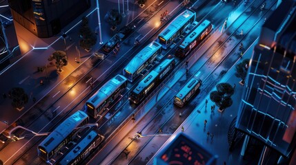 Fototapeta premium Futuristic City Street with Vehicles and Pedestrians