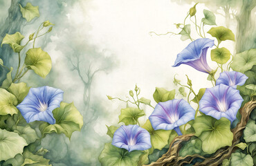 Morning glory flower border frame with botanical elements. Soft watercolor in subtle greens and blues for a delicate style.