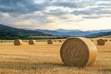 Fototapeta premium Golden Hay Bales in Serene Landscape