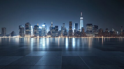 Obraz premium 3D city skyline at night viewed from an empty square floor, lights reflecting on the ground.