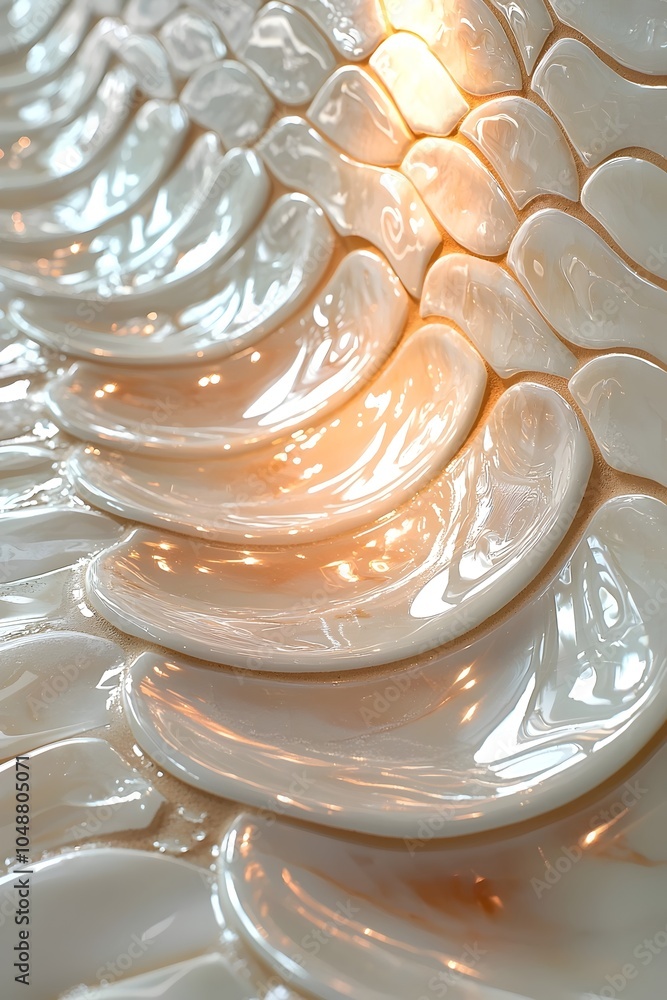 Poster a close-up view of elegantly curved porcelain tiles reflecting soft light, creating a warm and invit