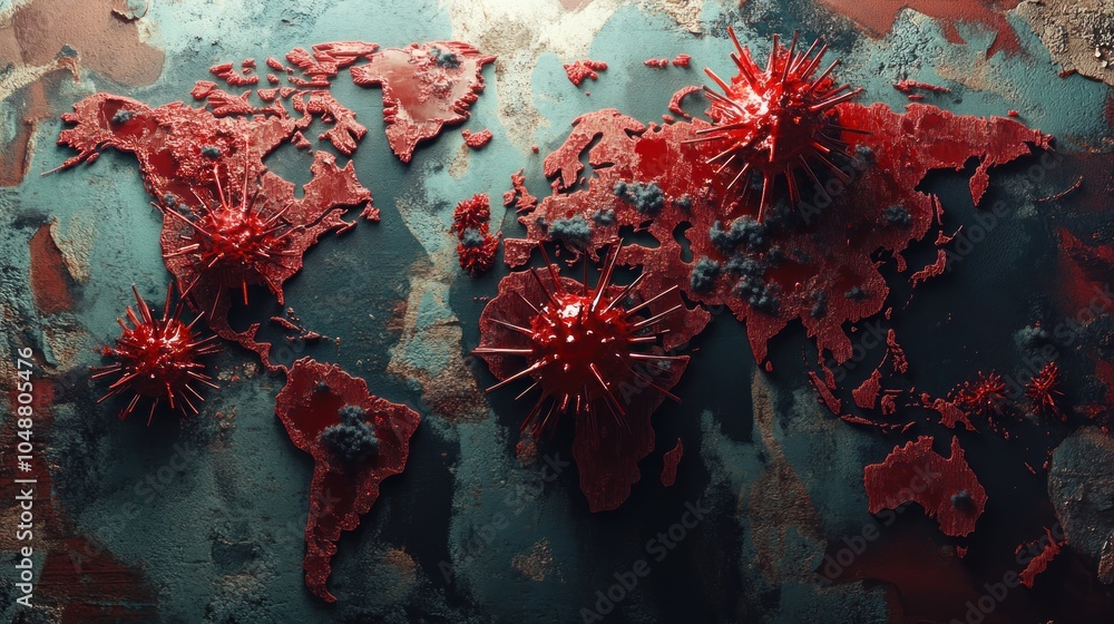 Poster a 3d rendering of a world map with red virus cells on it, representing the global pandemic.