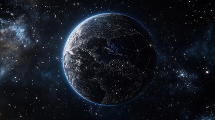 Obraz premium 3D rendering of Earth with city lights glowing, surrounded by a network of grid lines in space.