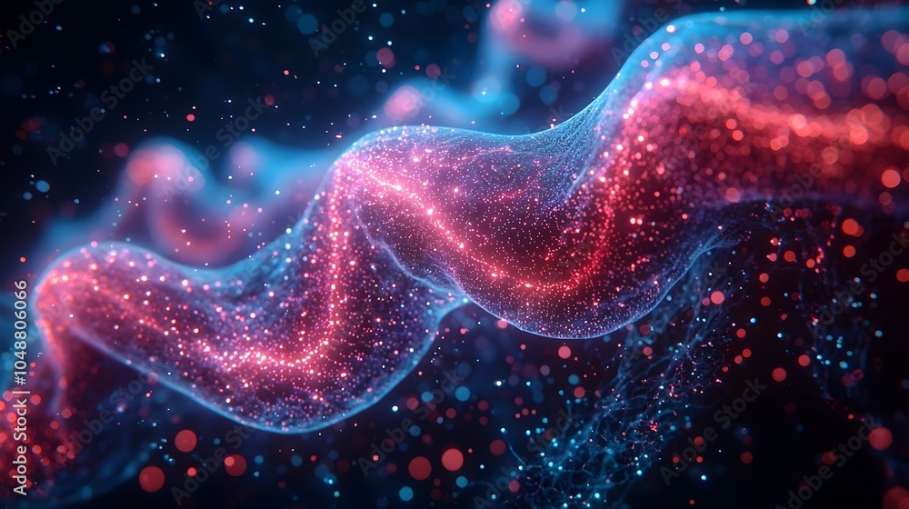 Poster abstract digital art representing a flowing wave of bright pink and blue particles, creating a mysti