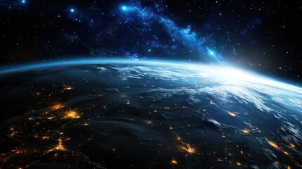 Obraz premium 3D view of city lights on Earth from space, with a glowing atmosphere and darkened night sky.