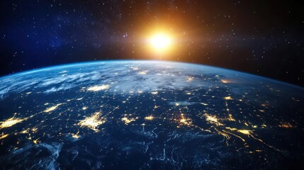 Obraz premium 3D view of city lights on Earth from space, with a glowing atmosphere and darkened night sky.