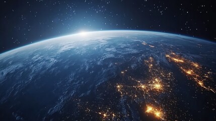 Obraz premium 3D view of city lights on Earth from space, with a glowing atmosphere and darkened night sky.