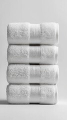 A stack of four white towels on a plain white background.