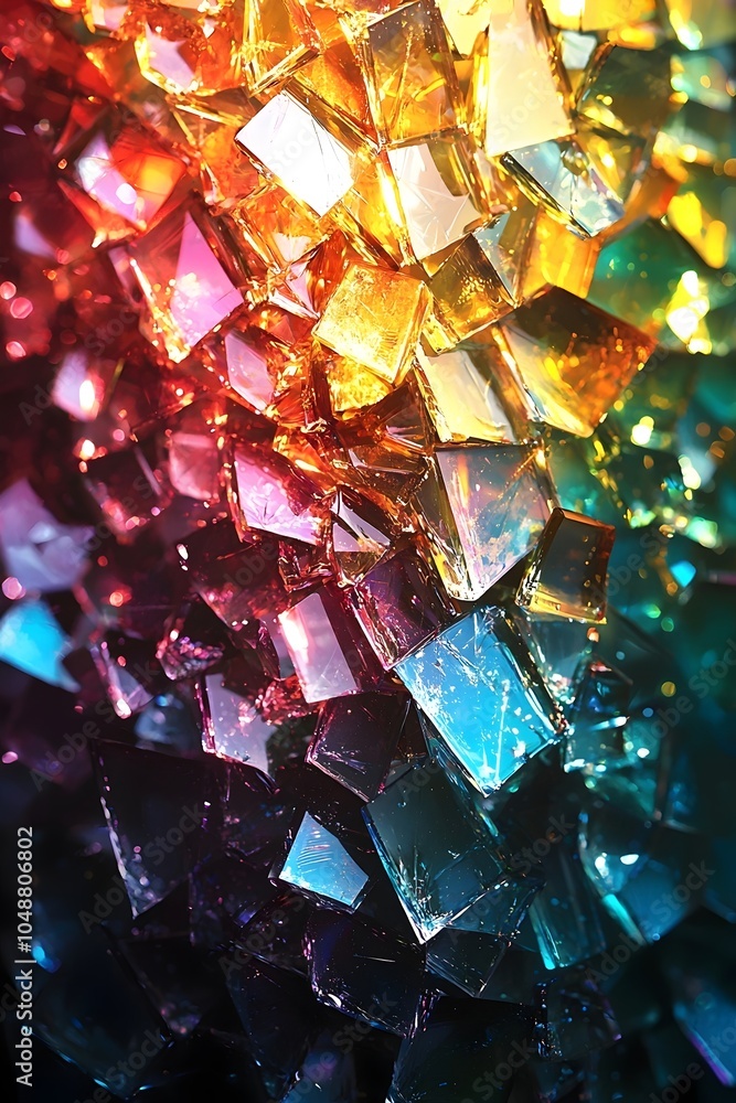 Poster a vibrant close-up of colorful crystals reflecting light, creating a mesmerizing spectrum of oranges