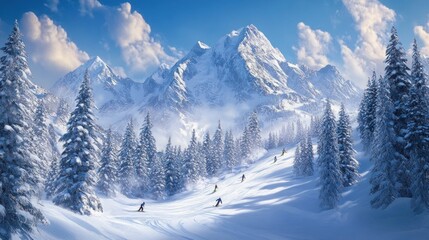 Obraz premium Skiers descend a snowy mountain slope with a majestic snow-capped peak in the background.