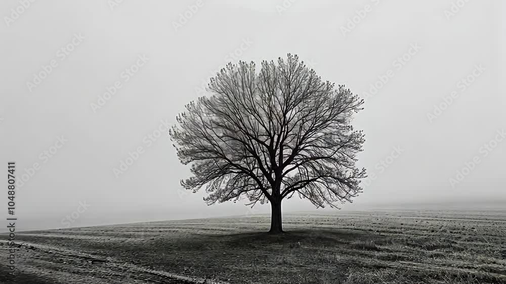Poster lone tree in a misty, grayscale landscape, creating a serene and isolated mood.