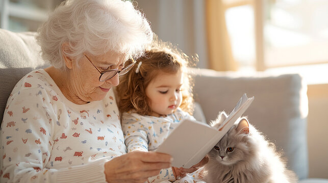 
A photo of an elderly woman with white hair and glasses, sitting on the sofa reading to her little girl in pajamas who has brown, shoulder-length, curly blonde hair. 