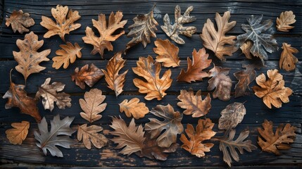 Dried Brown Oak Leaves Scattered on Black Wooden Surface