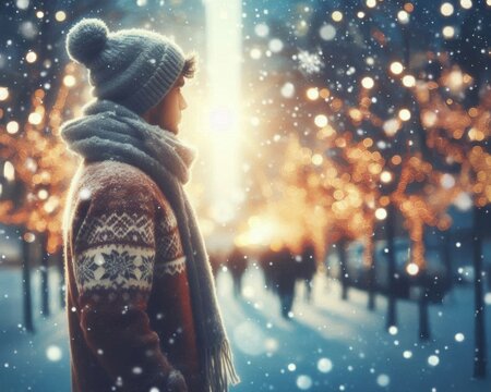 Ein junger Mann in Winterkleidung mit Strickm&uuml;tze und Schal steht im Schneefall vor festlich beleuchteten B&auml;umen. Romantische, winterliche Abendstimmung. Generative KI.