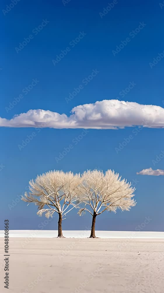 Poster two white-leaved trees standing in a vast, empty desert under a bright blue sky with scattered cloud