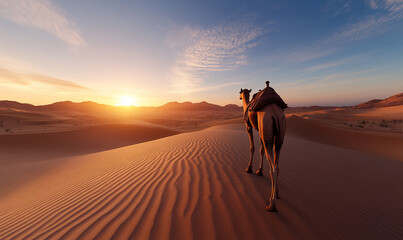 Fototapeta premium A majestic camel walking across golden sand dunes, 