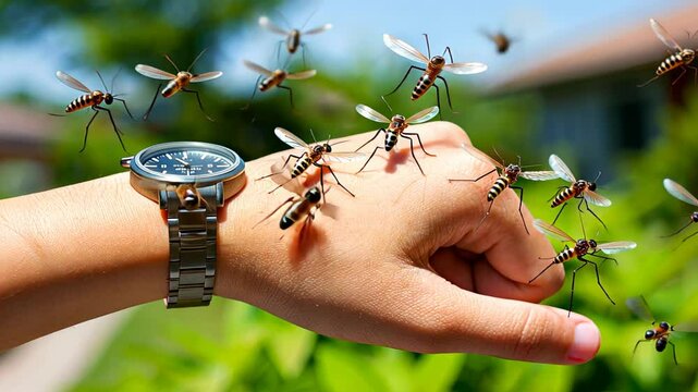 person hand with a watch, surrounded by a swarm of mosquitoes, illustrating an outdoor nuisance