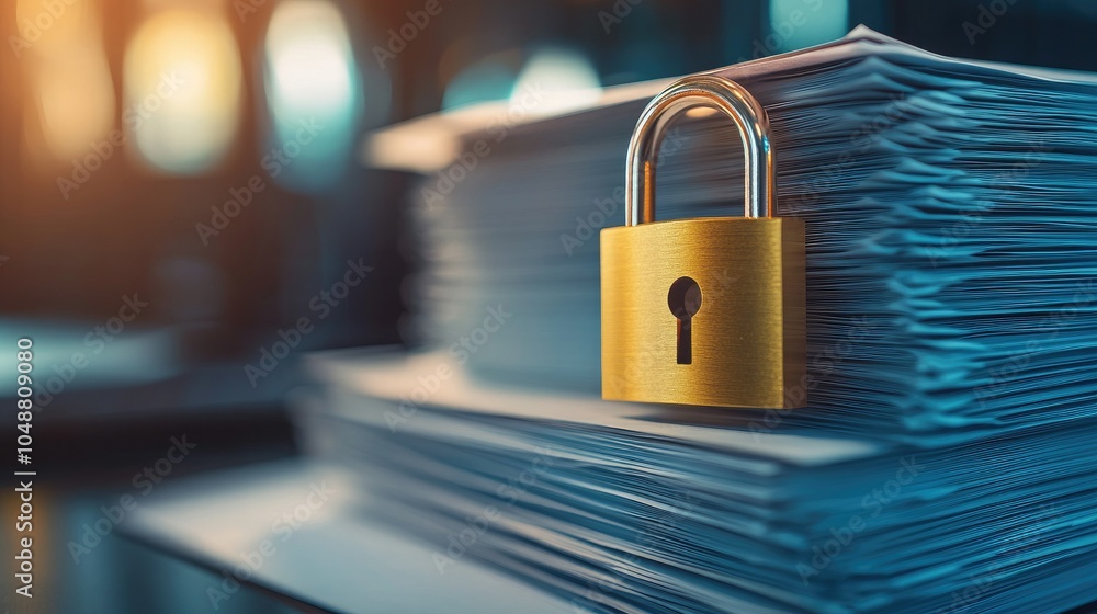 Poster golden padlock on top of a stack of paperwork, symbolizing secure data protection and confidentialit