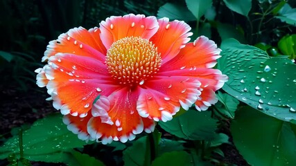 Bright pink and white flower with dew-covered petals in a lush garden, capturing natural freshness and vibrant detail - Powered by Adobe
