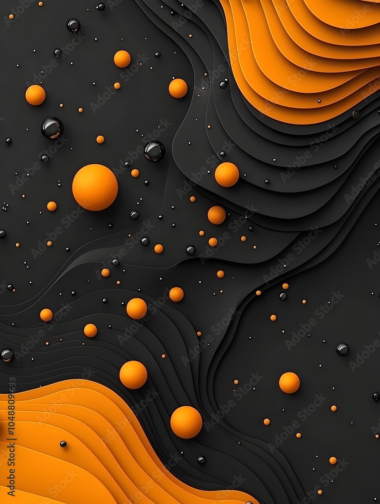 Poster an abstract design featuring flowing black and orange layers, interspersed with spheres of various s
