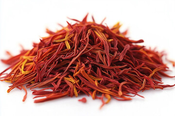 Naklejka premium A vibrant heap of saffron threads showcasing their rich color against a bright background. Generative AI