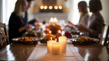 Festive Family Gathering with Meal and Seasonal Decor