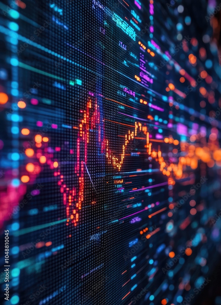 Poster abstract digital data visualization of a graph with red and blue lines on a dark background.