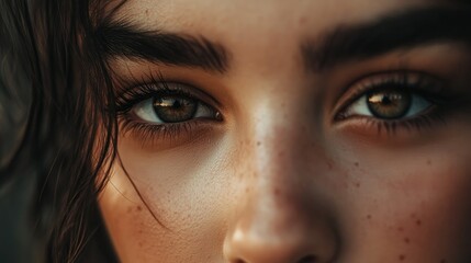 Fototapeta premium Intense close-up of a woman face, her eyes in sharp focus, soft smile, with natural tones and a subtle bokeh effect in the background