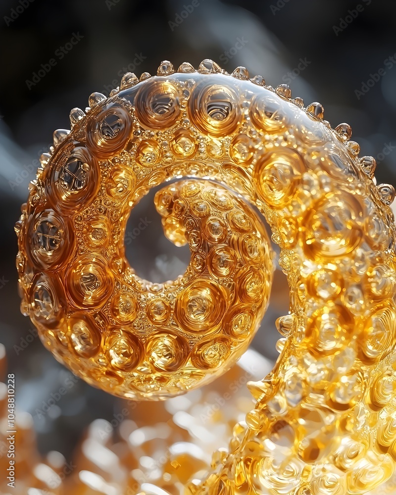 Aufkleber a close-up of an intricate, amber-hued spiral structure featuring small bubbles, creating a mesmeriz