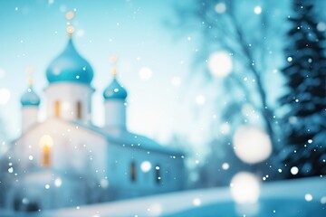 Fototapeta premium Bells Ring at a Russian Orthodox Church as Snow Falls on New Year’s Eve Under a Starry Sky