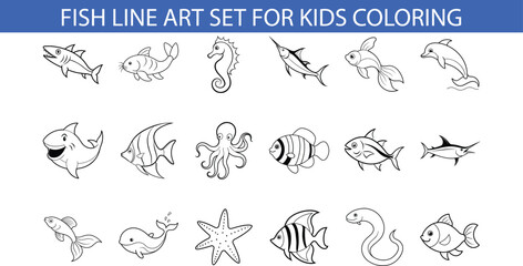 A set of 18 black and white line drawings of various fish, sea creatures, and marine animals, designed for children to color.